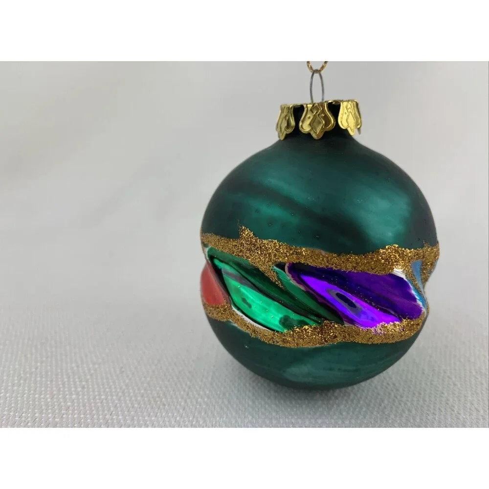 Vintage Hand Painted‎ Indented Ornament - Green Red Gold Blue Purple- Christmas